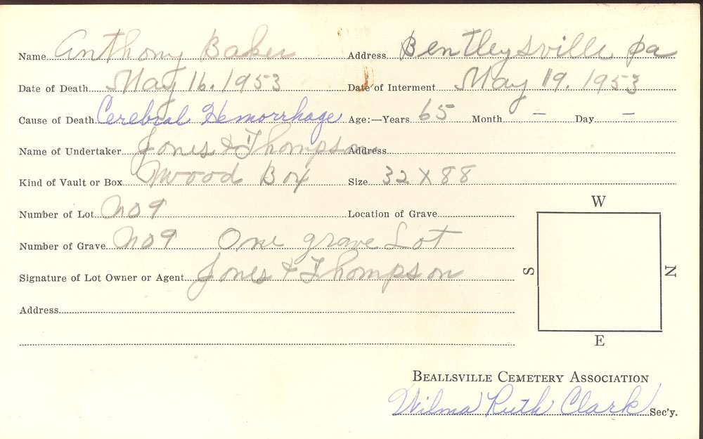 Anthony Baker burial card